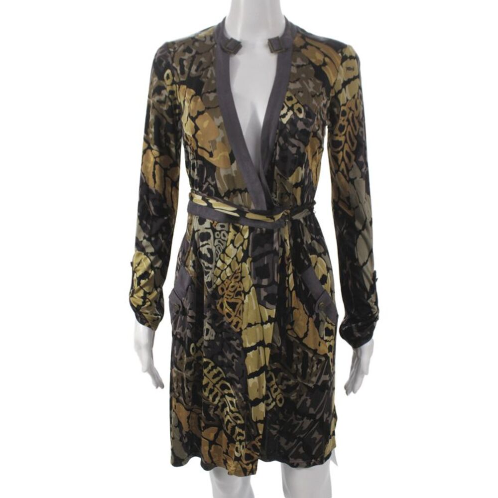 Hale Bob Women Wrap Dress Brown Silk V Neck Long Sleeve Tie Knee Length Size XS